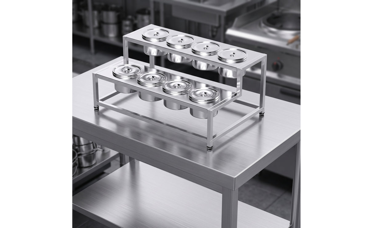 8-Compartment Condiment Organizer Stainless Steel Condiment Rack with Cups Double-Layer Sauce Holder for Restaurants, Buffets, Buffet Lines, Kitchens