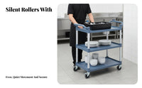 Multi-Functional 3-Tier Bussing Trolley Swivel Casters with Brakes 3-Tier Utility Trolley Easy to Clean Service Trolley Quiet Operation for Hotel Personnel, Cafeteria Workers, Cleaners, Restaurants, Restaurant, Kitchens, Cafeterias