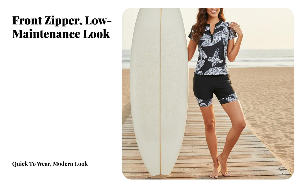 Short Sleeve Wave Suit Sun Protection Zip Front Wave Ing Aquatic Suit Fastener Front Aquatic Top and Shorts Block Material