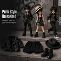 LABUBU Doll Outfit Set - Punk Style Leather Jacket, Pants, Skirt, Hat & Shoes for 15/17cm Dolls