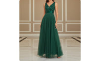 Embroidered Tulle Gown Flowy V-Shaped Neckline long Dress Waist Sleeveless Evening Gown for Wedding