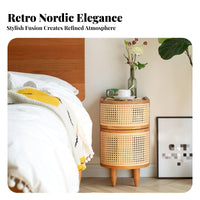 High-Leg design Round Woven End Table Space-Saving Nightstand With Storage Drawer Bedroom Furniture Modern Design for Homeowners, Apartment Dwellers, Students, Small Spaces, Living Room, Entryway, Office