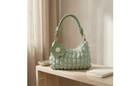 Puffed Puffer Shoulder Bag Knotted Strap Crescent Hobo Bag Textured Top Zip for Everyday Use, Casual Wear