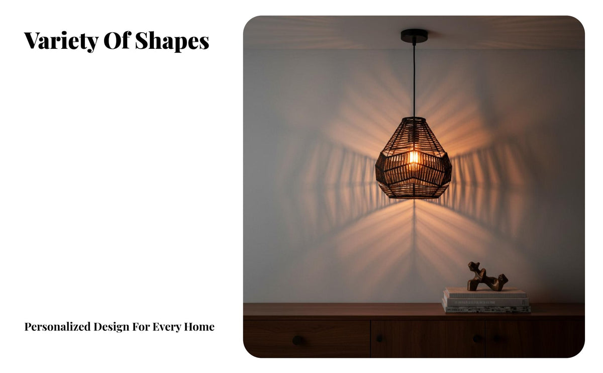 Woven Hanging Lampshade Natural Material Handmade Chandelier Shade Boho Hanging Lamp Hollow-Openwork Design Indoor Lighting