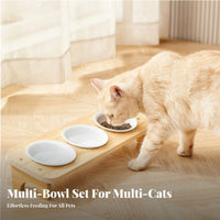 Anti-Tipping Triple Ceramic Pet Bowl with Wooden Stand Easy to Clean Elevated Cat Bowl Set Microwave Safe for Multiple Pets, Small Dogs