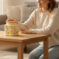 Decorative Ceramic Jar with Wooden Lid Airtight Lemon Print Canister Moisture-Proof Ceramic Jar with Lid Cute for Homeowners, Bakers, Kitchen Counter, Pantry, Coffee Bar