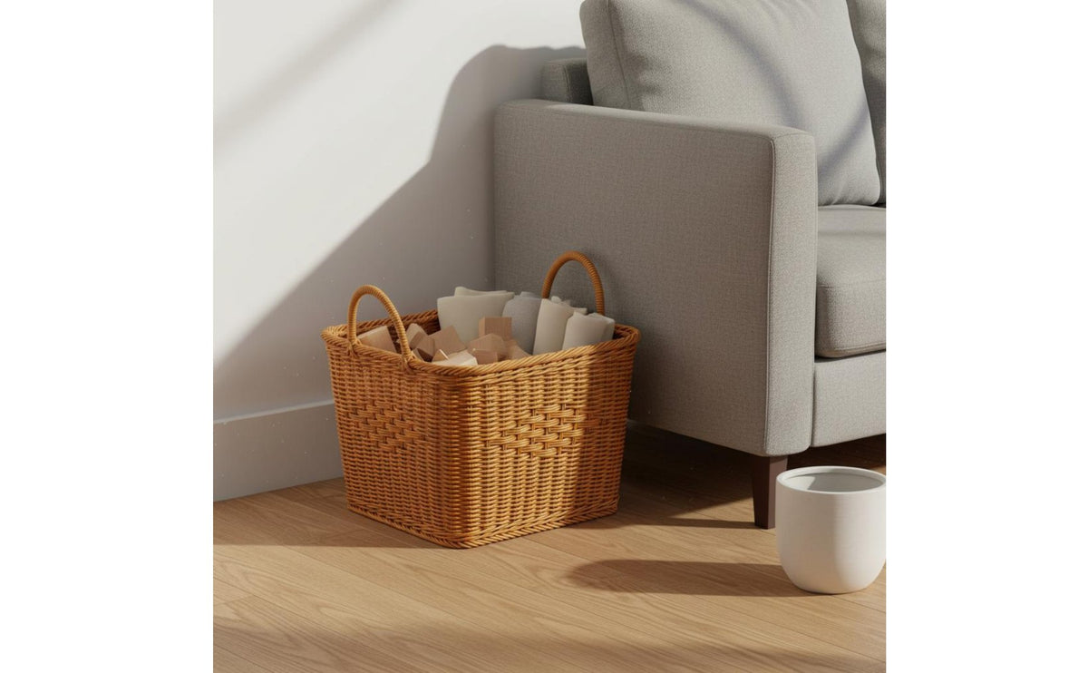 Multi-Purpose Imitation Rattan Basket with Handles Stylish Design Woven Laundry Basket Long-Lasting for Bathroom, Living Room, Bedroom