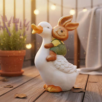 Hare Riding Duck Statue Whimsical Patterned Duck and Hare Garden Sculpture Weatherproof Bunny Garden Statue for Yard, Balcony, Patio