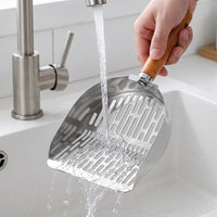 Metal Sifter with Slotted Holes, Deep Stainless Steel Cat Dog Waste Picker, Ergonomic Wooden Handle for Tray, Unique Cat Owner Gift