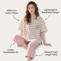 Ladies Pyjamas Set in 100% Material with Short Sleeve and Cropped Pants, Womens for Summer Loungewear, Breathable
