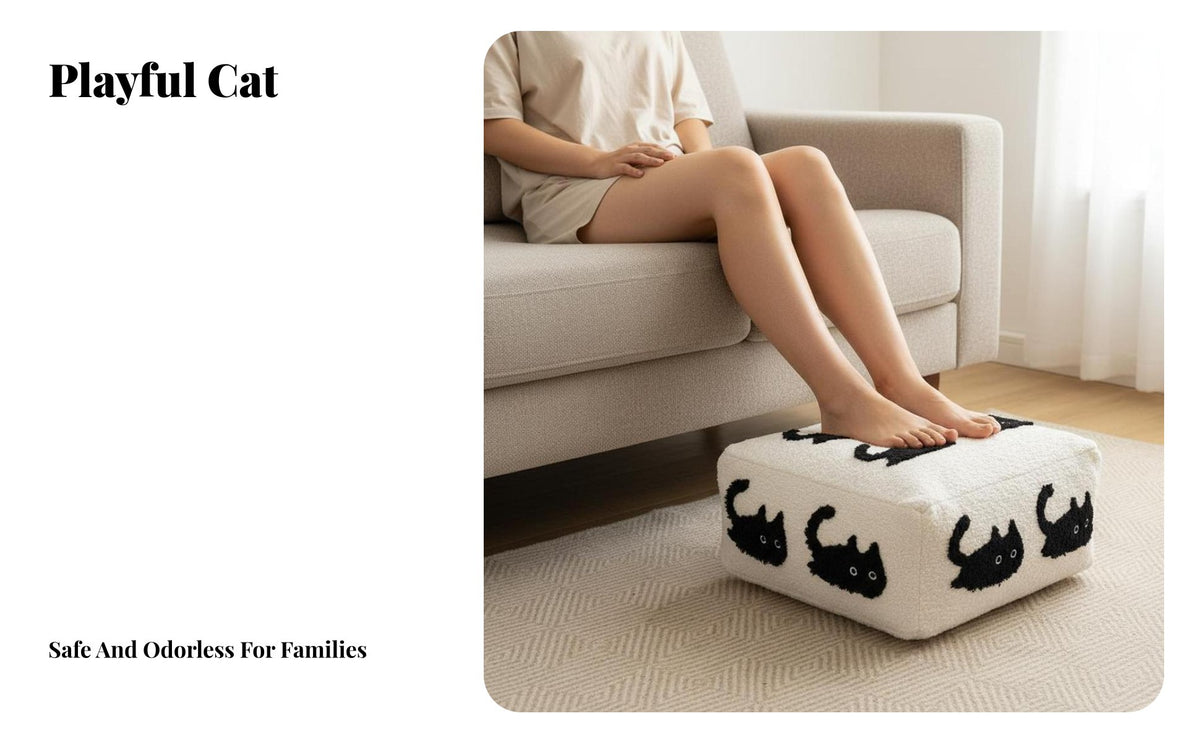 Square Cat Pouf Expanded Polypropylene Particle Filling Square Pouf Ottoman Removable and Washable Cover Cushioned Cube Footstool for Adults