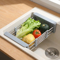 Telescopic Drain Basket Kitchen Sink Drainer, Stainless Steel Dish Rack with Utensil Holder, Space Saving Sink Organiser for Vegetables