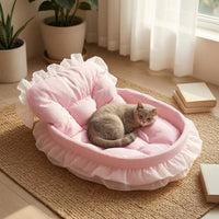 Quilted Oval Pet Bed Checkered Bolstered Pet Bed Supportive Raised Bolsters Ruffle Trim for Cats, Small Dogs