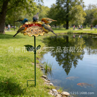 Iron Metal Sunflower Bird Bath with Butterfly and Bee Feeder
