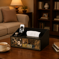 Square Tissue Box Cover with Compartments, Wooden Tissue Box Holder, MDF Desk Storage Organiser for Remote Controls, 26x16.5x13cm Vintage Design