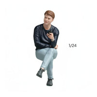 Miniature Man with Phone Highly Detailed Seated Man Figurine Resin Material Scale Model Person for Hobbyists, Sand Tables