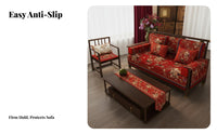 Auspicious Bird and Flower Pattern Red Chinoiserie Sofa Mat Washable Sofa Slipcover Easy to Install Couch Protector Anti-Slip for Newlyweds, Homeowners, Families with Children, Wedding Celebration, Festive Occasions, Living Room