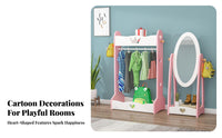2 Pieces Cartoon Design childs' Valet Stand with Mirror Child-Safe Paint Toddler Dress-up Station Multi-Functional Storage children's Furniture Polished Borders for Toddlers, Girls, Parents, Kindergarten, Bedroom, Playroom, Nursery