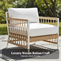 4 Pieces Weather-Resistant 4-Piece Rope Weave Seating Modern design aesthetic Outdoor Furniture sturdy Frame Patio Conversation Set Thick cushy paddings for Interior Designers, Garden lovers, Balcony, Sunroom, Backyard, Porch