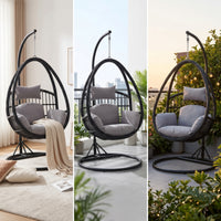 Hanging Basket Chair with Stand Freestanding Rattan Swing Chair with Stand Cushioned Furniture for Balcony, Living Room, Reading Corner