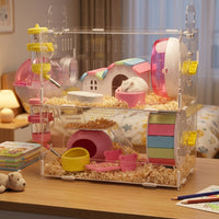 Transparent Hamster Cage, Double Layer Hamster Cage, Acrylic Hamster Cage Starter Kit for Syrian or Dwarf Hamster, Complete Set with Water Bottle