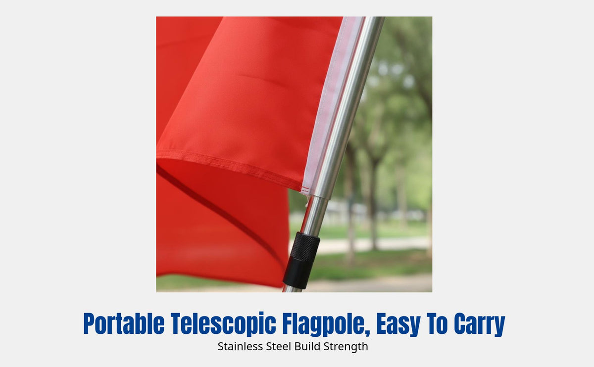 Outdoor Chinese Flag with Telescopic Stainless Steel Pole, Handheld Five-Pointed Red Flag, Waterproof Polyester for Hiking
