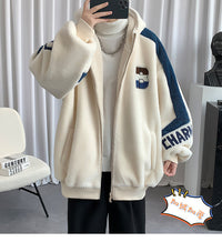 青少年羊羔毛绒外套男款冬季加绒厚连帽潮保暖初高中大学生棉衣服