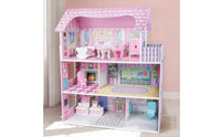 Wood Doll House Playset Open-Front Dollhouse Pretend-Play for Playroom, Daycare
