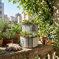 Distressed Finish Castle Flower Pot Drainage Hole Double-Layer Planter Balcony Accent Rustic Iron Planter Window Pattern