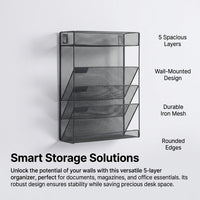 5-Tier Wall Mounted File Organizer, Metal Hanging Document Rack for Office Organization, Magazine Holder for Students, Mesh Storage