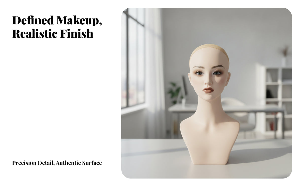 Female Mannequin Head with Shoulders | Smooth skin-Toned Finish, Realistic Facial Features, for Shop vitrines
