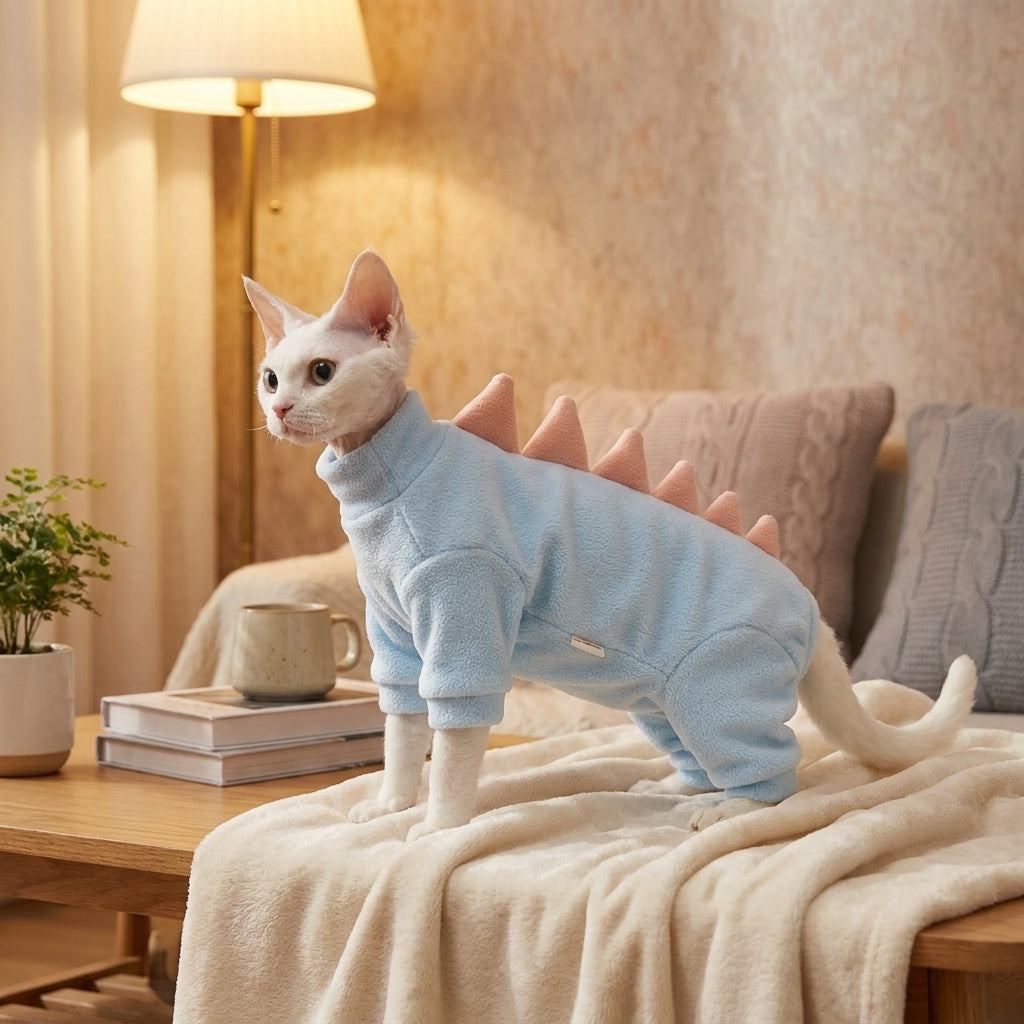 Dinosaur Cat Jumpsuit with Four-Legged Design, Particle Fleece Four-Legged Cat Outfit