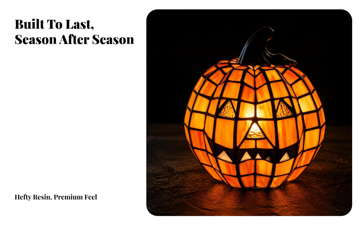 Spooky Halloween Pumpkin Light | Glowing Translucent Body, Carved Facial Motif, Resin Pumpkin Light, for Tabletop
