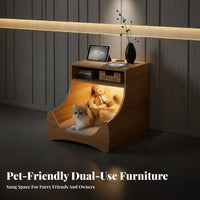 2-in-1 Design Bedside Table with Pet Nook Motion-Activated Night Light Pet Bed Nightstand USB Charging Port Pet Furniture Safe Rounded Corners for Apartment Dwellers, Bedroom, Small Areas, Office
