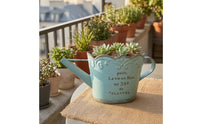 Scalloped Rim Watering Can Planter Side Handle Metal Flower Planter Long Spout Distressed Gold Watering Can Printed Lettering