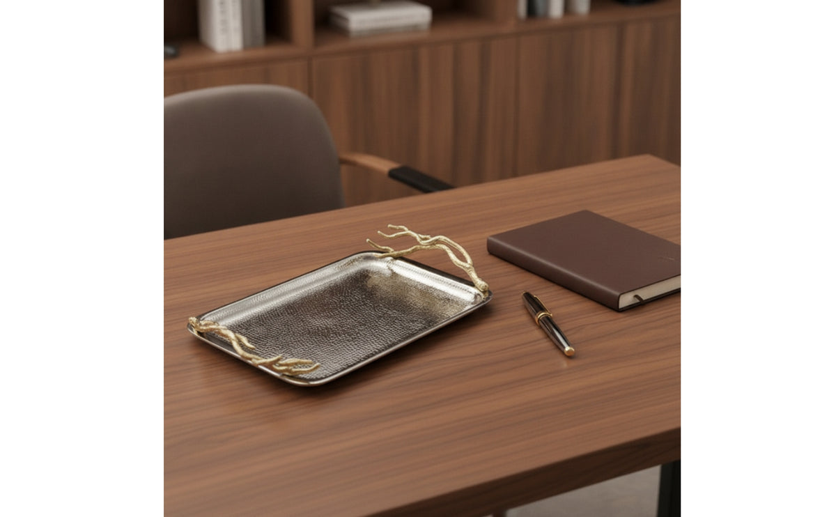 Tabletop Decorative Tray with Branch Handles Hammered Decorative Serving Tray Polished Sculptural for Home Decorators, Hosts, Dining Table, Living Room, Entryway