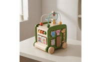 Wooden Activity Bus Multifunctional Activity Cube with Bead Maze Developmental Shape Sorter with Beads for Infants, Preschoolers