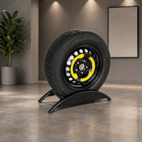 Black Metal Upright Tire Display Rack Cylindrical Arms Single Tire Holder Welded Frame Garage Storage Polished Finish for Showroom