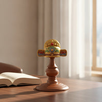 Brass-Toned Scholar Hat Ornament with Wooden Stand Traditional-Style Tabletop Decor Auspicious Desk Sculpture for Students, Graduates, Study Room, Graduation Party