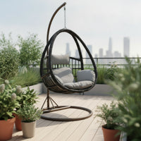 Hanging Basket Chair with Stand Freestanding Rattan Swing Chair with Stand Cushioned Furniture for Balcony, Living Room, Reading Corner