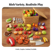 Fruit Vegetable Seafood Playset Lidded Cut-Apart Toy Food Basket Set Cuttable Play Food Set Rectangular Bright Colors