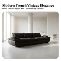 Deep-Seat Black Leather Sofa French Retro Design Living Room Furniture Easy to Clean Couch for Apartment Dwellers, Office Workers, Bedroom