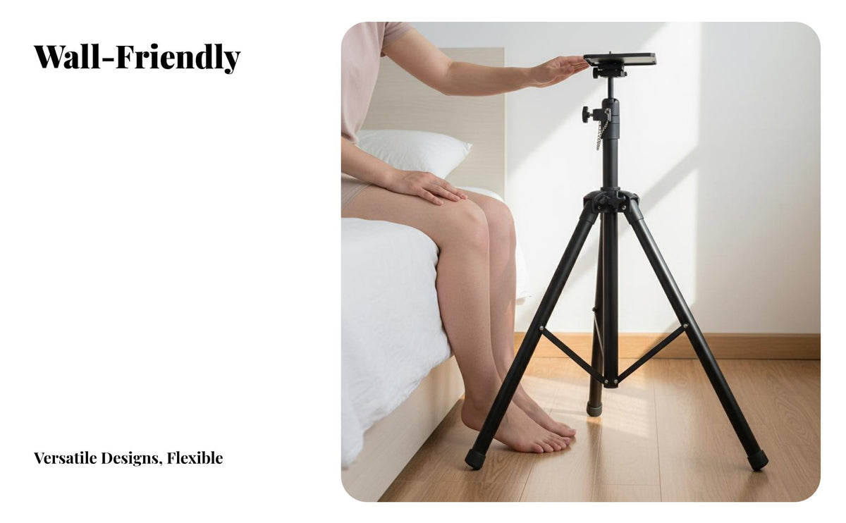 No-Drill Installation Video Display Tripod Stand 360° Swivel Video Display Stand with Tray Tool-Effortless Assembly Multifunctional Device Tray Portable for Bedroom, Home Theater, Living Room