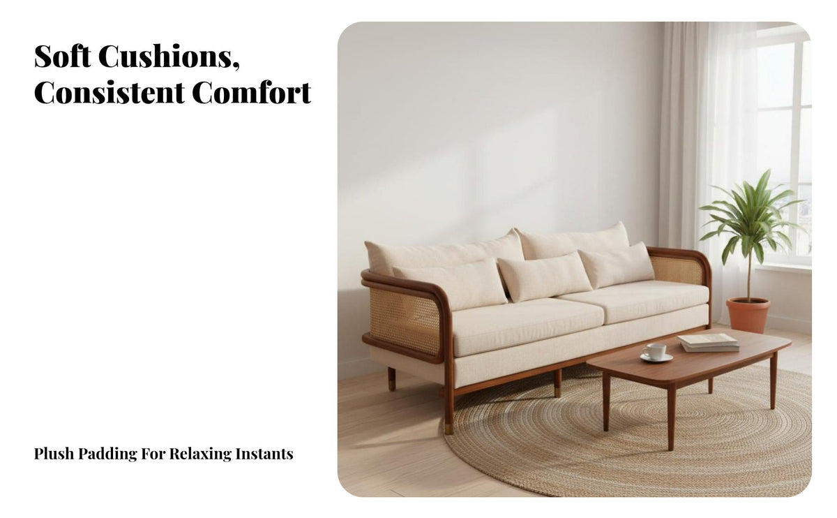Nordic Design Rattan Panel Sofa sturdy Wood Frame Rattan side Sofa Woven detailing Lounge Seating Padded pillows for Interior Designers, Apartment Dwellers, Homeowners, Living Room, Sunroom, book corner corner, Reception Area