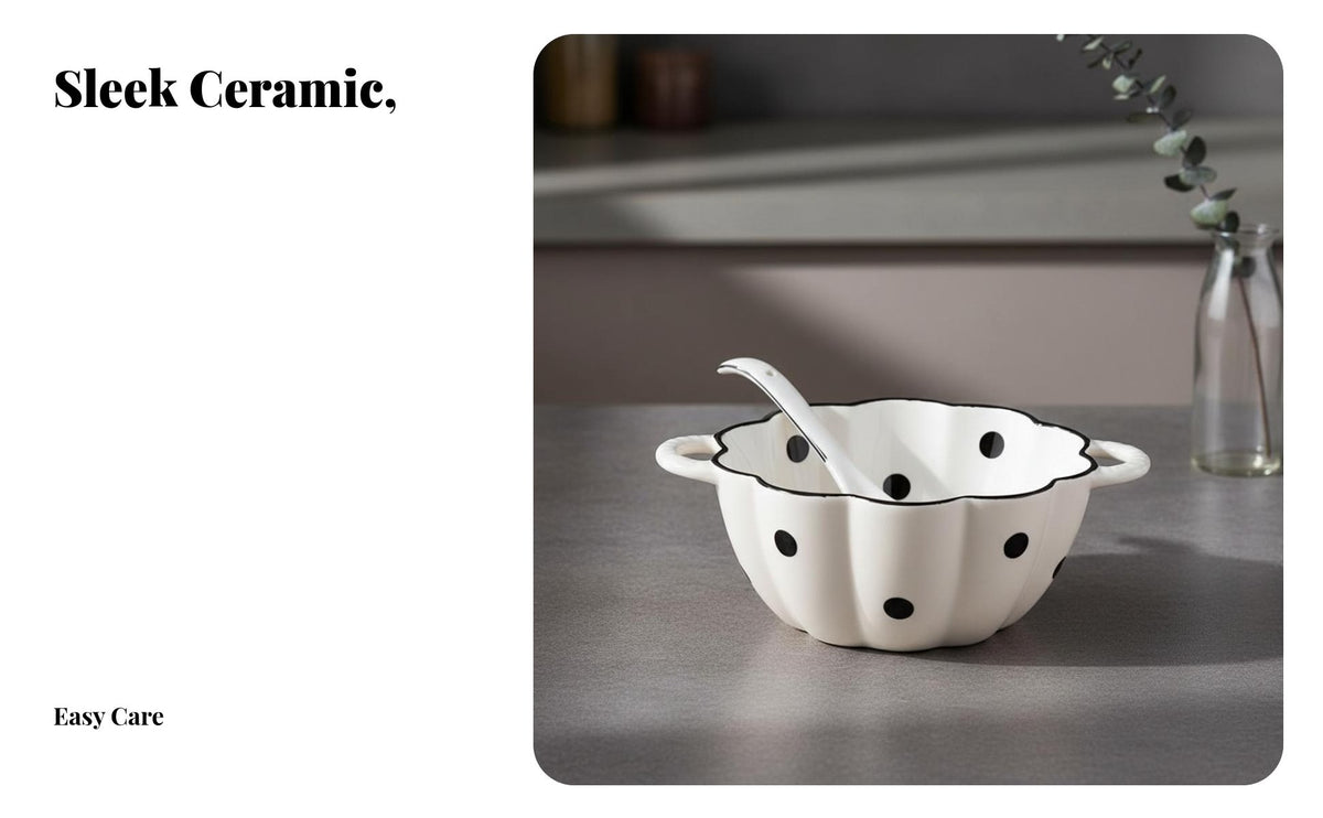 Hepburn Style Ceramic Soup Bowl with Handles and Spoon, Large Bowl for Soup, Pasta, Ramen, Fish