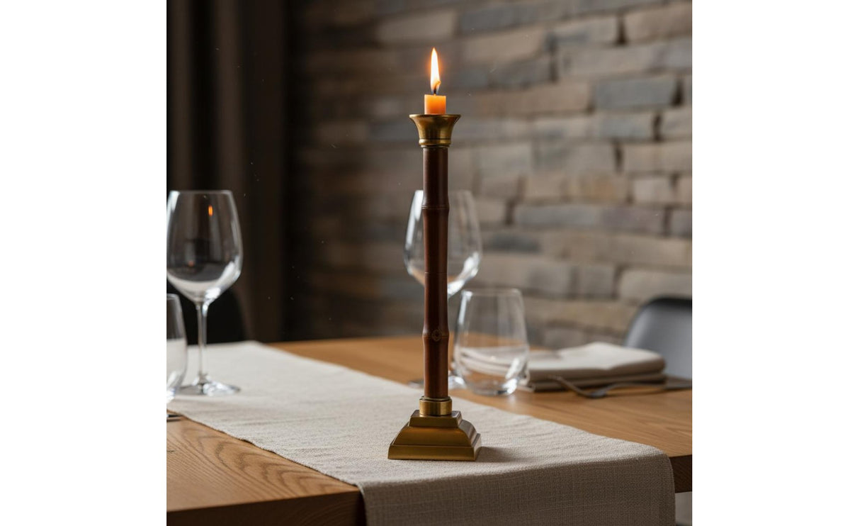 3 Pieces Retro Bamboo Design Candlestick Aluminum Tall Taper Candle Stand Different Heights Metal Candlestick Set Rustic Texture for Tabletop, Hotel, Living Space