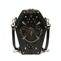 Casket Shoulder Bag with Cranium Motif Faux Leather Casket Crossbody Bag Adjustable Handbag for Goths, Concerts