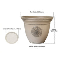 Plant Pots and Flower Pots, Round Embossed Resin Planter with Saucer, Heavy Duty Outdoor Planter for Garden Decor and Floor Standing Home Decor