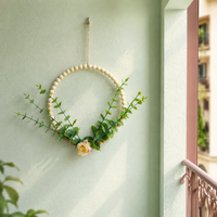 Wooden Bead Wreath Spring Door Wreath, Pastoral Decorative Wreath for Front Door, 22x30cm Bow Wreath with Artificial Flowers, Country House Style