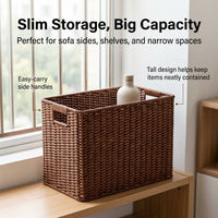 Woven Storage Baskets, Rectangular Wicker Basket with Cut-Out Handles, Tan Synthetic Rattan for Living Room & Cupboard Organiser